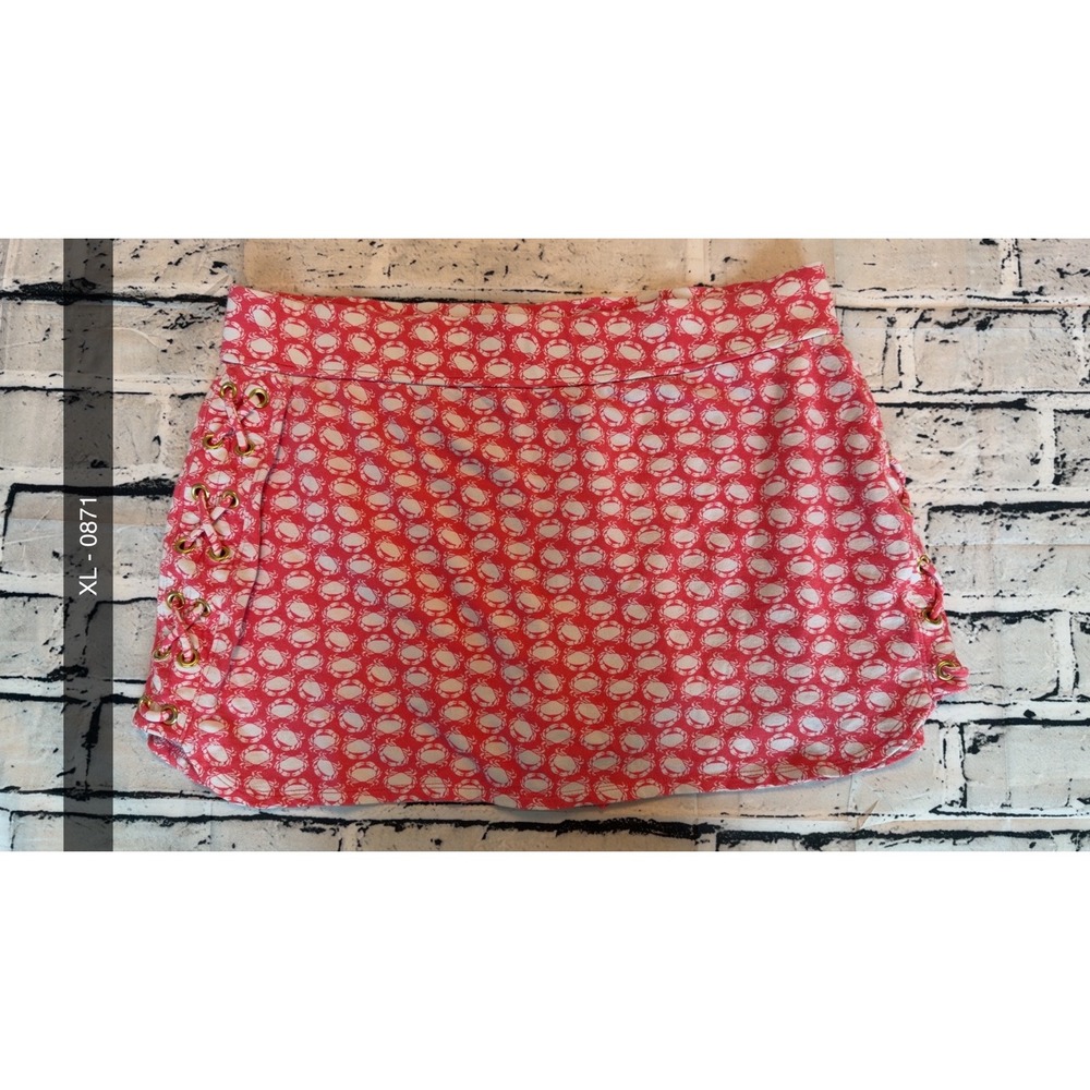 Crown & Ivy Womens XL Coral Pink White Crab Print Lace Up Side Knit Skort